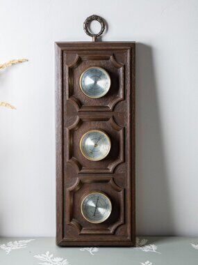 Vintage Wooden Weather Station Wall Decor | Mid Century Barometer Thermometer